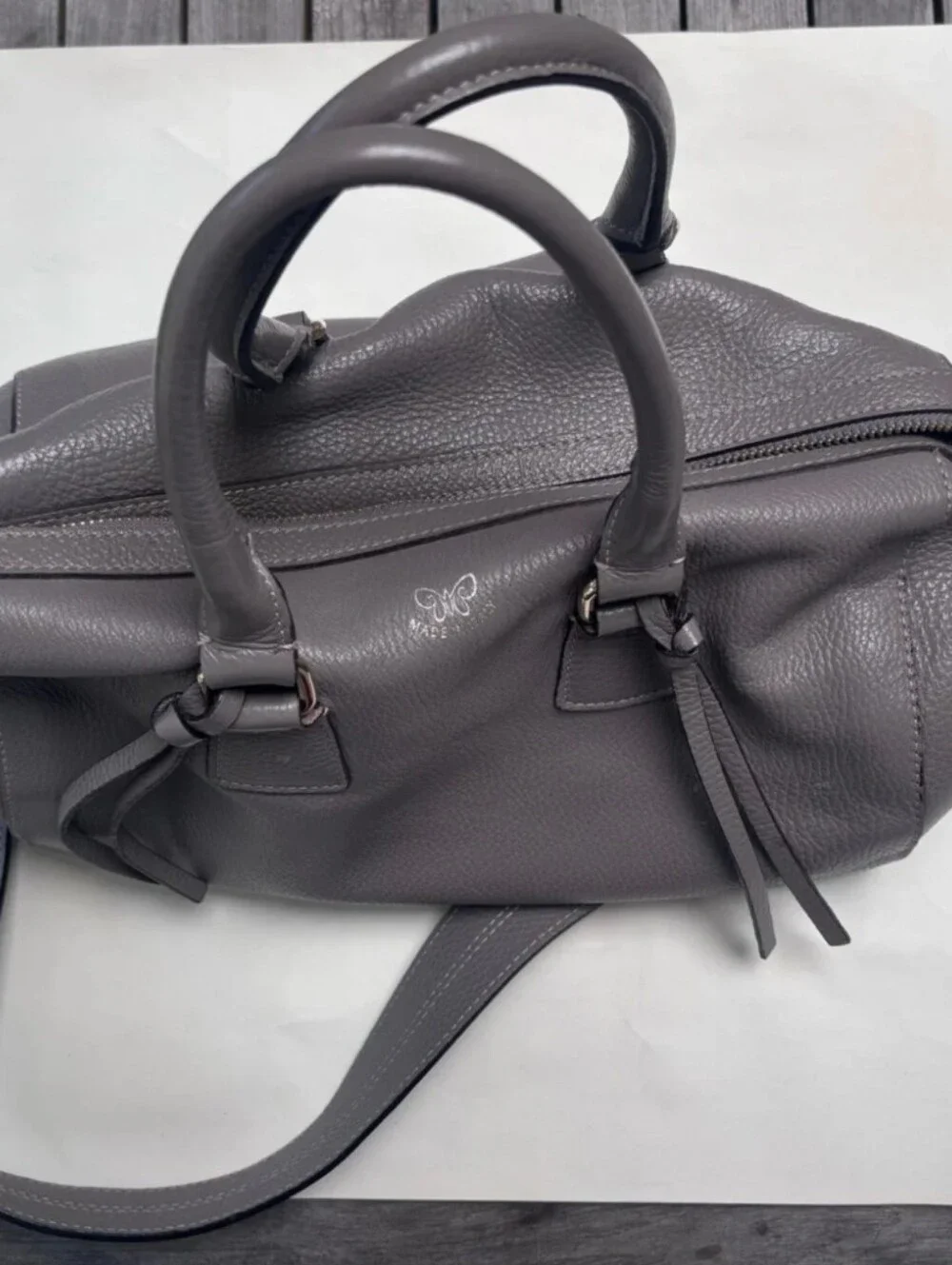 Johnny Was Taupe Gray Leather Tote Handbag Shoulder Bag